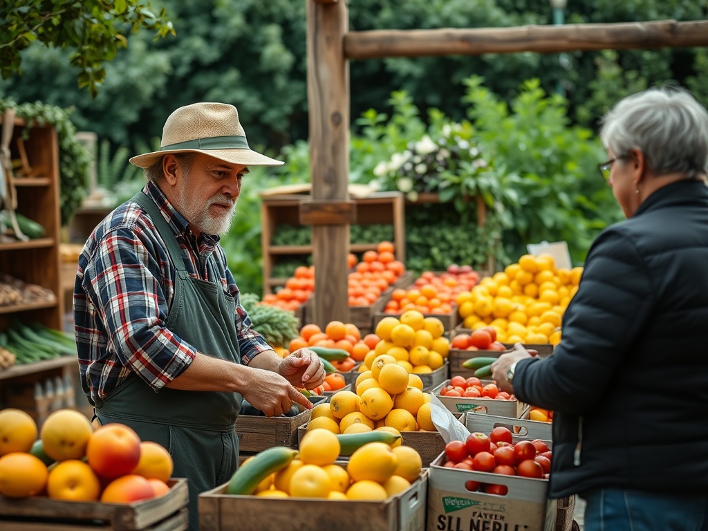 Bărbat cu pălărie vinde fructe și legume la o piață plină de culori, o femeie se uită la produsele oferite.