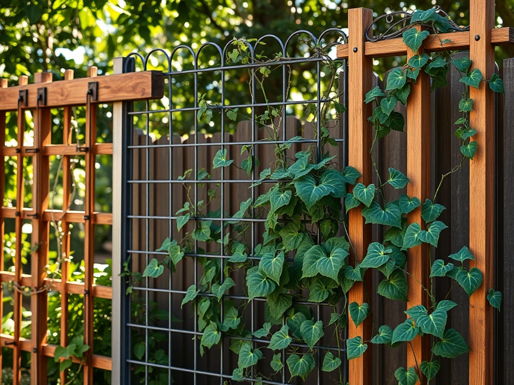 Un gard din lemn și metal, acoperit cu plante cățărătoare verzi, într-o grădină luminoasă.