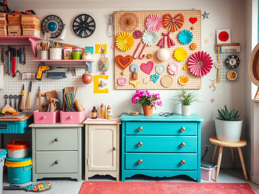 Atelier colorat cu un perete decorat, un birou și plante, plin de unelte și materiale creativ.