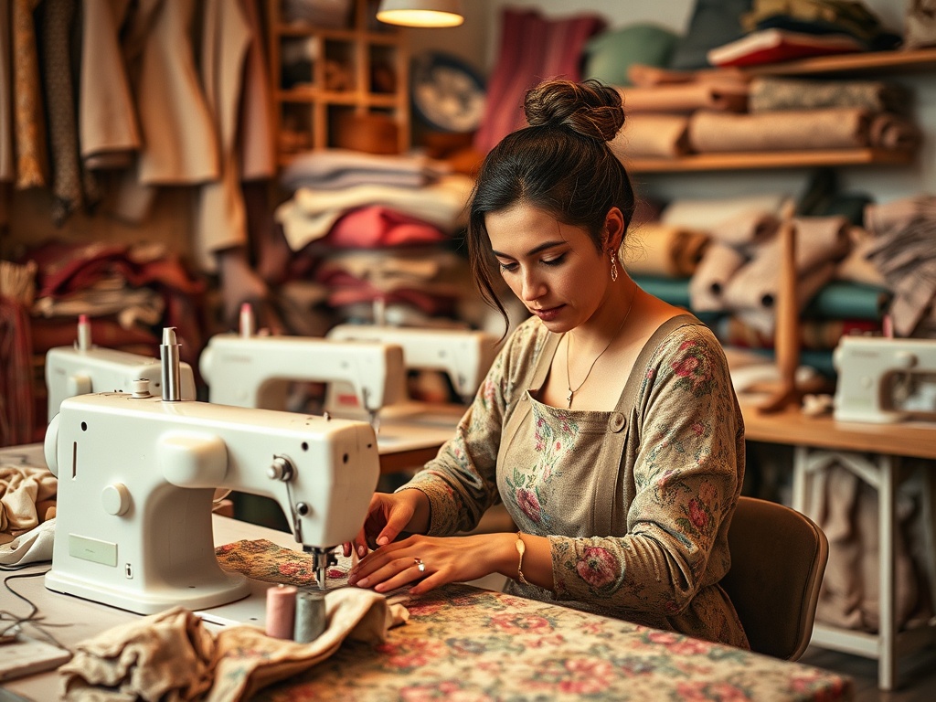 O tânără coase cu atenție într-un atelier plin de material textil colorat și mașini de cusut.