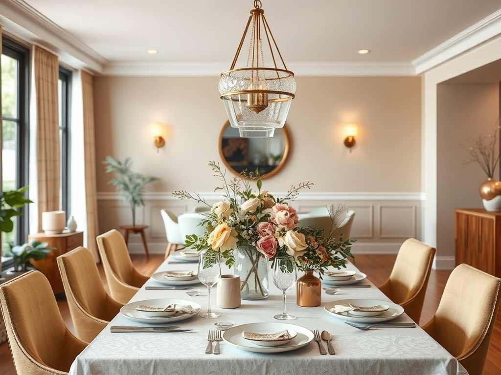 O masă elegantă, pregătită pentru cină, cu flori frumoase și un candelabru modern într-un living luminos.