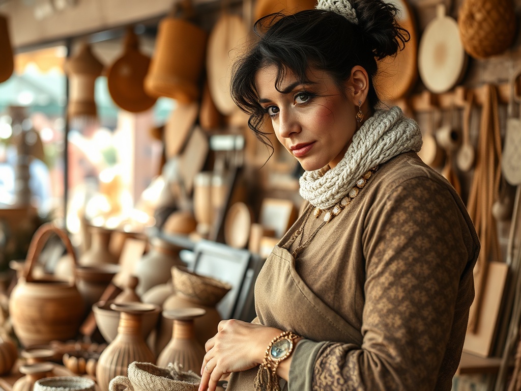 O femeie tânără cu o eșarfă groasă zâmbește, înconjurată de vase și obiecte de ceramică.